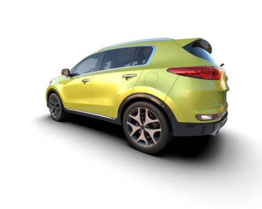 Modern araba beyaz arka planda izole edilmiş ve arkadan güzel bir manzarası var.