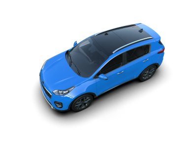 Tasarımınız için beyaz arka planda boş bir yüzeyi olan mavi bir araba. 3d oluşturma.