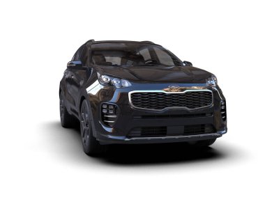 Siyah lüks SUV beyaz arka planda izole edilmiş ve kırpma yolu var. 3d oluşturma