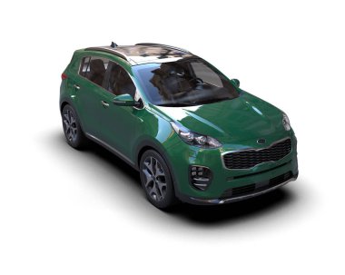 Beyaz arka planda küçük, modern, yeşil bir araba. 3d oluşturma.