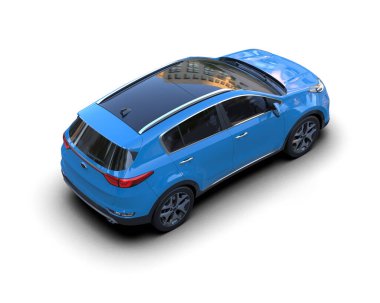 araba mavi şehir beyaz arka planda, 3 boyutlu canlandırma.