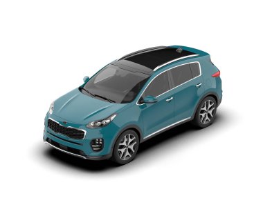 beyaz arka planda mavi araba, 3 boyutlu görüntüleme.