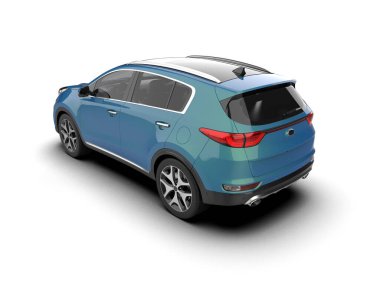 Beyaz arka planı olan mavi bir araba. 3d oluşturma.