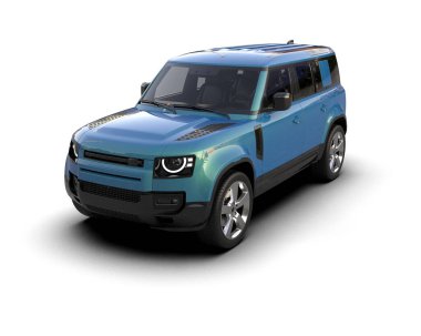 Beyaz arka planda modern mavi araba. 3d oluşturma.