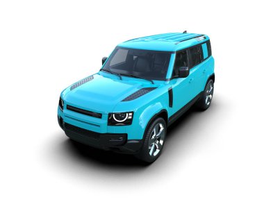 beyaz arkaplanda mavi bir araba, 3 boyutlu görüntüleme.