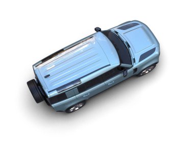 Beyaz stüdyo arka planında mavi bir kamyonet görüntüsü.