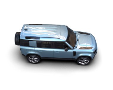 Beyaz arka planda mavi arazi aracı. 3d illüstrasyon.