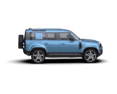 Gri arka planda gölgeli modern mavi arazi aracı. 3d oluşturma