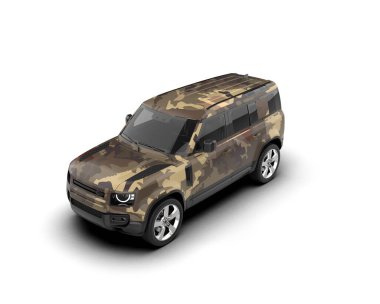 Beyaz arka planda izole edilmiş modern küçük askeri araba. 3 boyutlu illüstrasyon. 3 d.