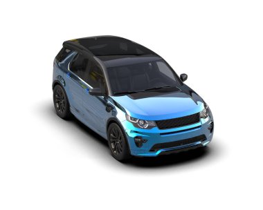 Mavi modern elektrikli araba - aile - üst görünüm. 3d oluşturma