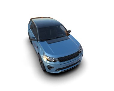 Modern araba beyaz bir arka planda izole edilmiş, beyaz bir yüzeyde gri bir arka planı var. 3d oluşturma