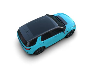 Stüdyonun arka planında 3 boyutlu mavi bir araba görüntüsü var.