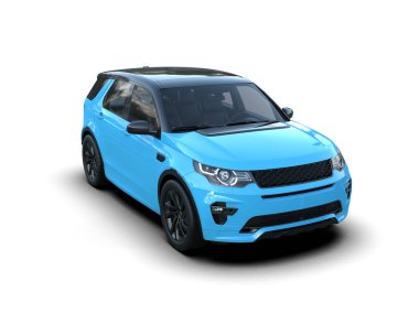 Mavi lüks araba ailesi. 3 boyutlu resimleme. Beyaz arkaplanda mavi araba.