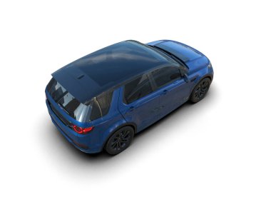 Beyaz yüzeyde mavi araba. 3d oluşturma
