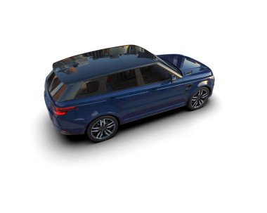 Beyaz arka planda gölgeli mavi, modern bir cip. 3d oluşturma