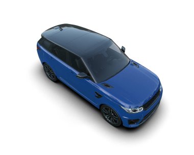 Mavi araba beyaz arka planda izole edilmiş, gölgeli..