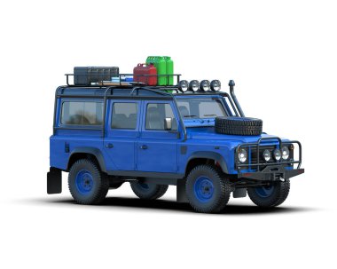 Beyaz römorklu mavi araba. Beyaz bir arka planda izole edilmiş. 3 Boyutlu Hazırlama