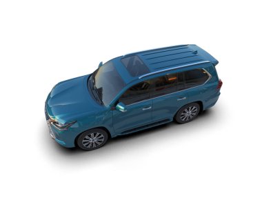 Şehir manzaralı mavi bir minivan. iş dünyası konsepti 3D illüstrasyon.