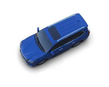 Beyaz arka planda mavi ve beyaz renkli modern bir araba. 3 Boyutlu Hazırlama.