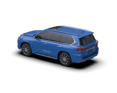 Mavi ve beyaz çizgileri olan modern mavi bir cip. 3d oluşturma