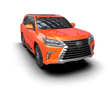 Küçük şehir arabası. Turuncu ve gri çizgileri olan küçük bir araba. 3d oluşturma