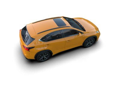 Modern araba beyaz arka planda izole edilmiş, cam bir yüzeyi ve beyaz arka planda gölgesi var. 3d illüstrasyon