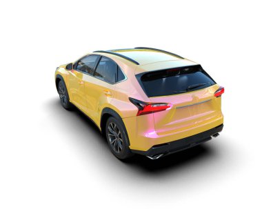 Beyaz arka planda parlak bir yüzeye sahip bir araba. Arka planda izole edilmiş bir arabanın 3 boyutlu güzel bir görüntüsü..