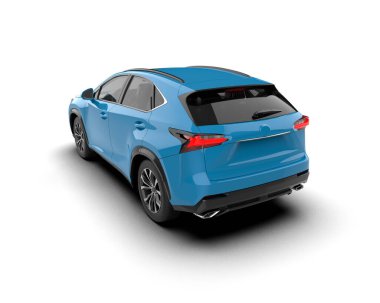 Beyaz izole edilmiş bir arka planda mavi renkli araba. 3d oluşturma