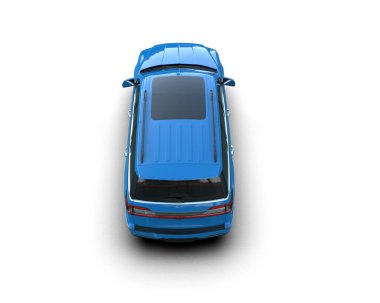 Beyaz arka planda boş alanı olan mavi bir araba. 3d oluşturma