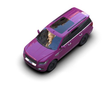 Beyaz arka planda pembe renkli bir arabanın 3 boyutlu görüntüsü