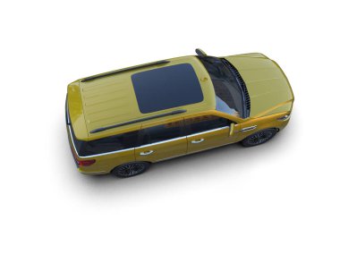 Beyaz arka planda izole edilmiş 3 boyutlu sarı bir araba..