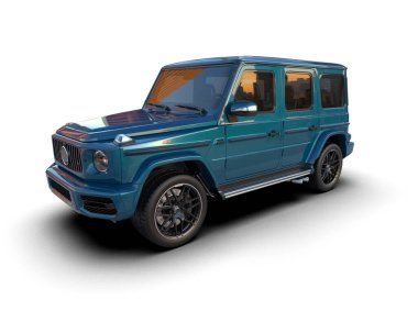 Mavi spor araba beyaz arka planda izole edilmiş. 3d oluşturma