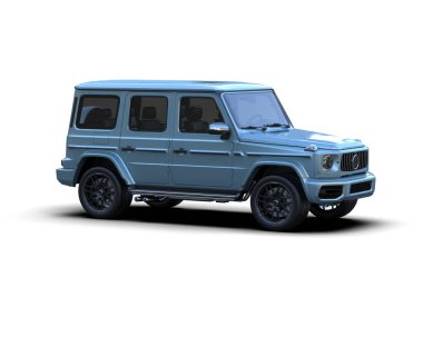 Mavi araba beyaz arka planda izole edilmiş.