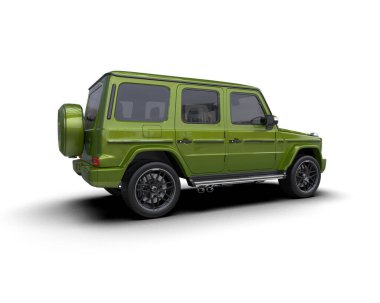 yeşil modern araba - beyaz arka planda kentsel görünüm