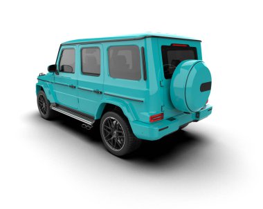 Beyaz arkaplanda izole edilmiş daha az jenerik mavi bir SUv 'un 3 boyutlu canlandırması