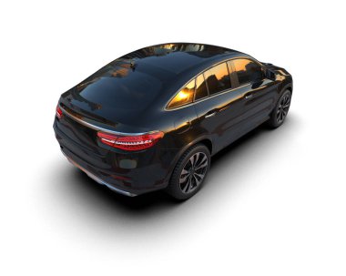 Beyaz zemin üzerinde izole edilmiş siyah, jenerik bir SUV 'un 3 boyutlu görüntülenmesi.