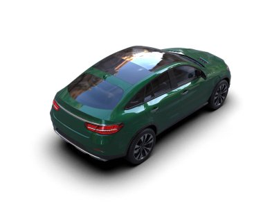 Yeşil cam yüzeyi beyaz arka planda izole edilmiş bir araba. 3d illüstrasyon.