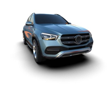 Üç boyutlu modern, daha az jenerik bir SUV aracı, gölgesi olan beyaz bir arka planda izole edilmiş.