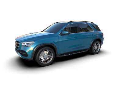 Mavi arka planı olan mavi bir araba. 3d oluşturma