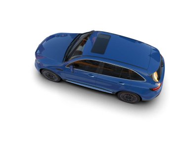Boş beyaz arka planı olan mavi bir spor arabanın üç boyutlu resmi.