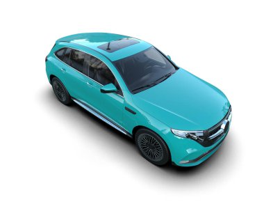 Aydınlık arka planda modern şehir arabası. Şehrin arka planında 3 boyutlu araba konsepti.