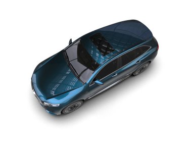 Koyu arkaplanda mavi renkli bir arabanın 3 boyutlu çizimi