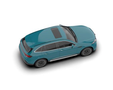 Beyaz arkaplanda 3D mavi araba çizimi.