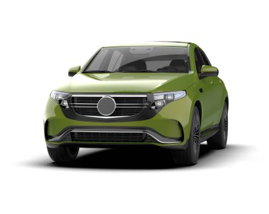 Beyaz arka planda gerçekçi yeşil bir araba. 3d oluşturma