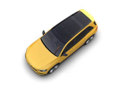 Beyaz arka planda izole edilmiş 3 boyutlu sarı araba çizimi