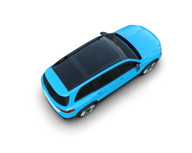 Beyaz arkaplanda 3D rendelenmiş mavi araba