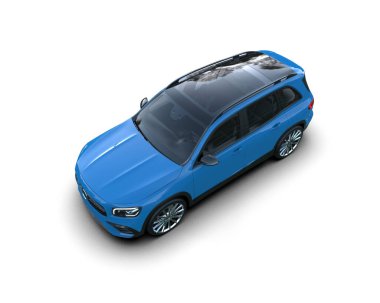 Beyaz arka planda modern bir araba. Mavi gölgesi ve açık arkaplanda gölgesi olan bir araba. 3d oluşturma