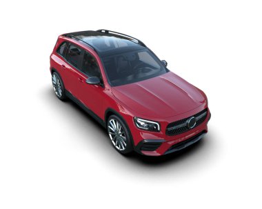 Kırmızı bir arabanın 3 boyutlu görüntüsü beyaz bir arka grupta izole edilmiş.