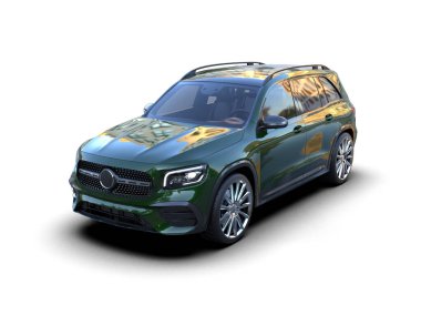 yeşil spor sedan. Beyaz arkaplanda 3 boyutlu görüntüleme izole edildi