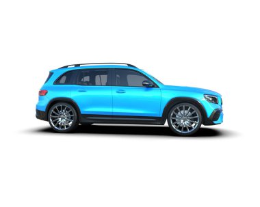 Mavi araba beyaz arka planda izole edildi. 3 boyutlu görüntüleme.